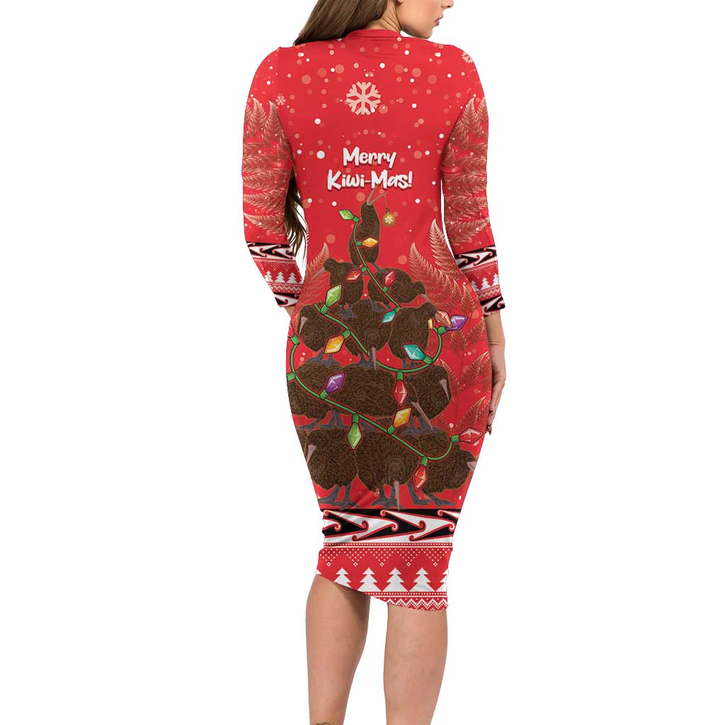 Kiwi New Zealand Christmas Long Sleeve Bodycon Dress Meri Kirihimete Silver Fern - Red Color