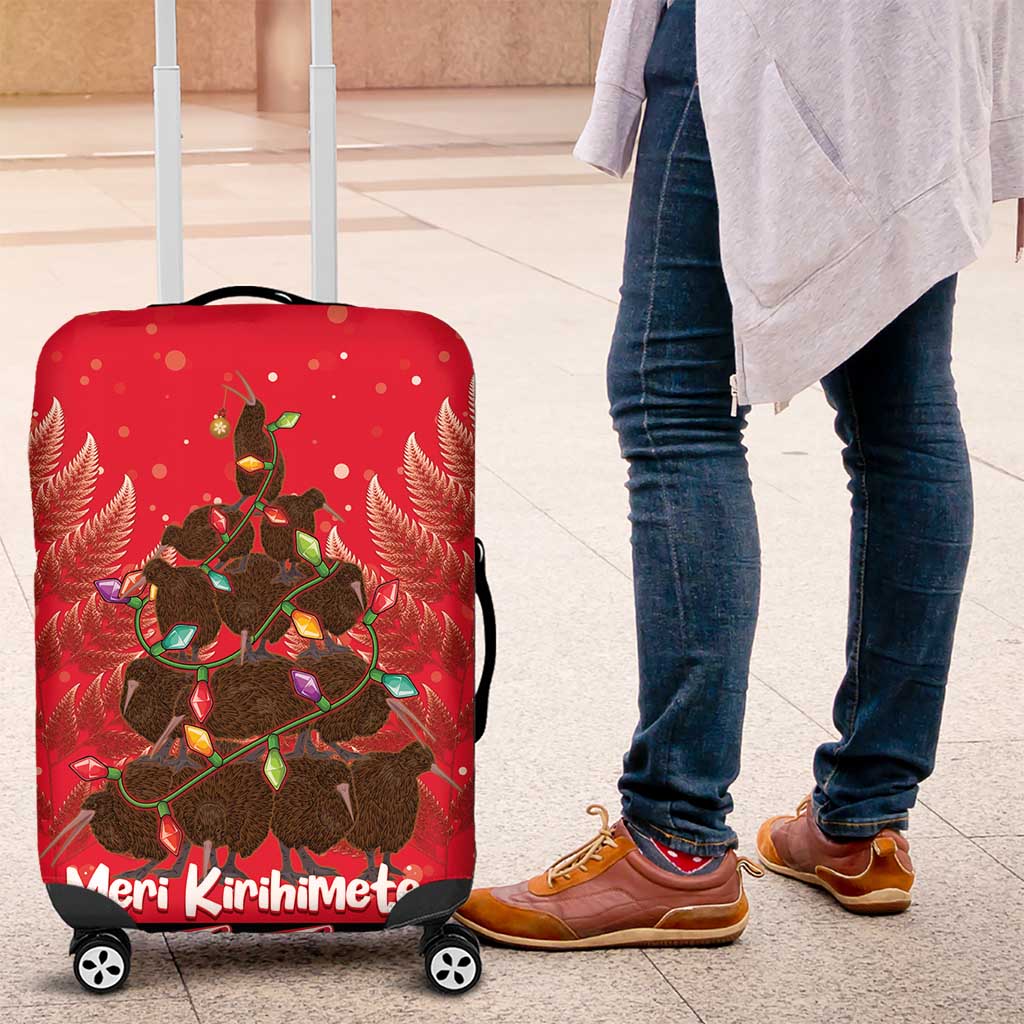 Kiwi New Zealand Christmas Luggage Cover Meri Kirihimete Silver Fern - Red Color - Vibe Hoodie Shop