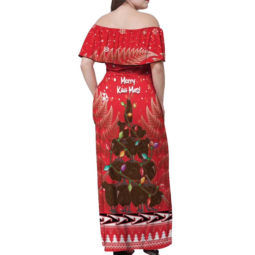 Kiwi New Zealand Christmas Off Shoulder Maxi Dress Meri Kirihimete Silver Fern - Red Color