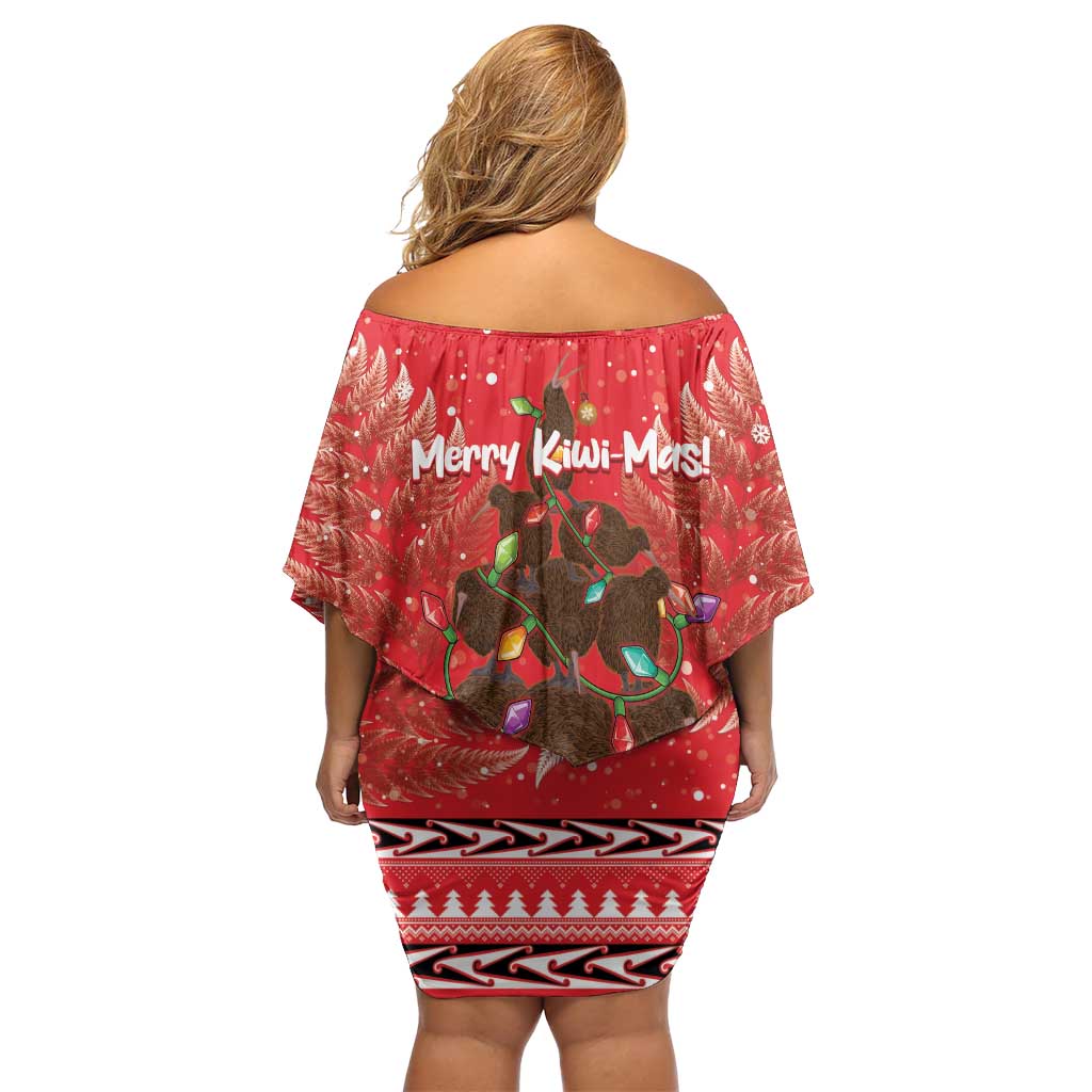 Kiwi New Zealand Christmas Off Shoulder Short Dress Meri Kirihimete Silver Fern - Red Color