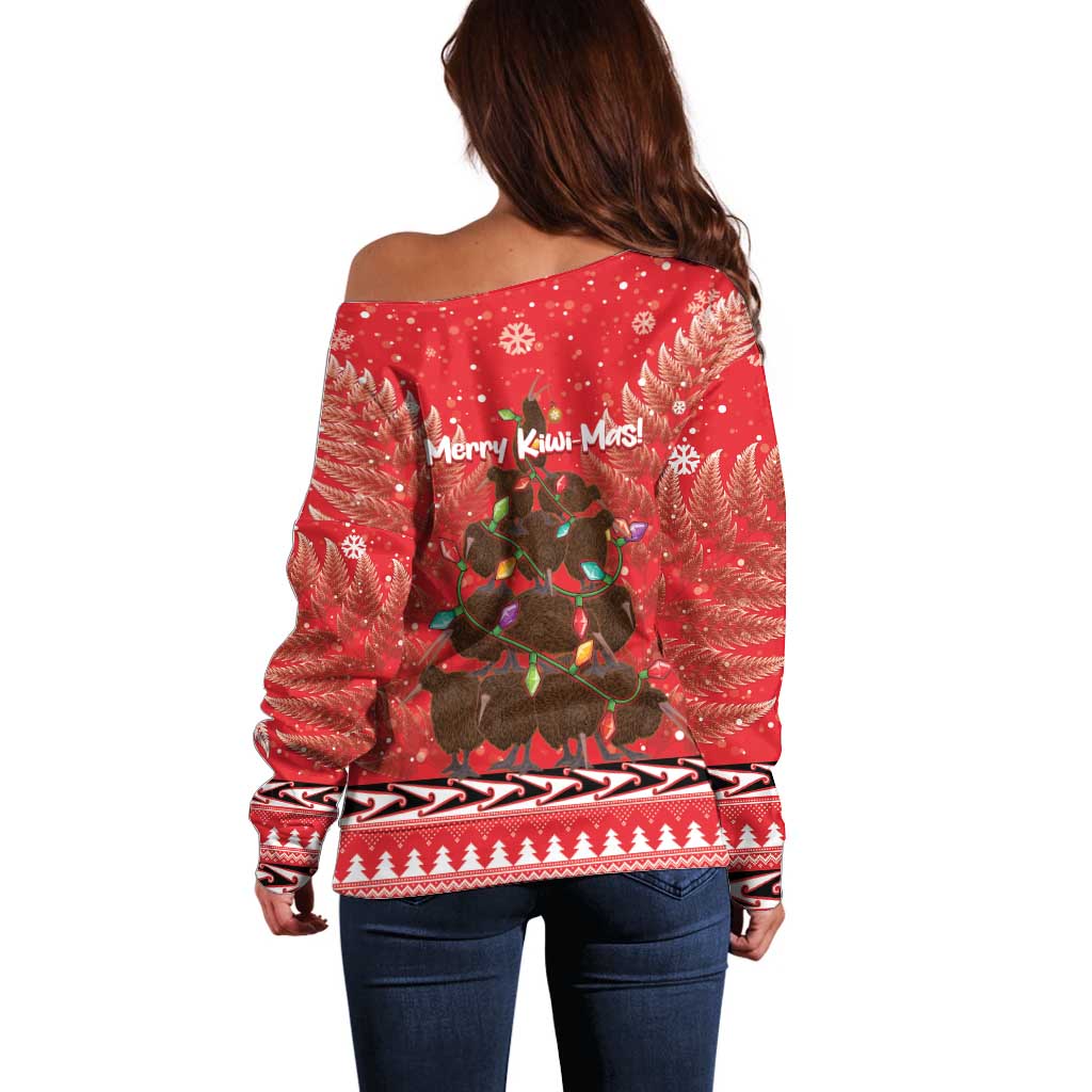 Kiwi New Zealand Christmas Off Shoulder Sweater Meri Kirihimete Silver Fern - Red Color - Vibe Hoodie Shop