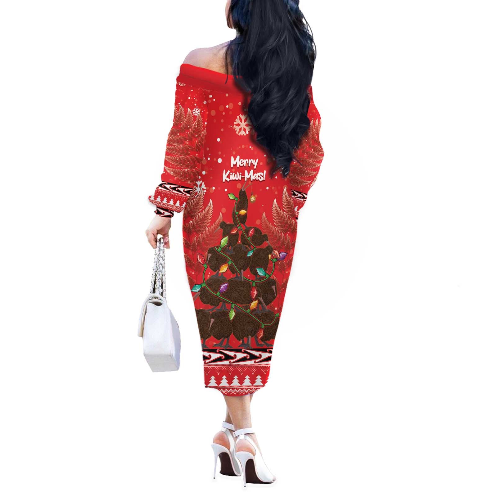 Kiwi New Zealand Christmas Off The Shoulder Long Sleeve Dress Meri Kirihimete Silver Fern - Red Color