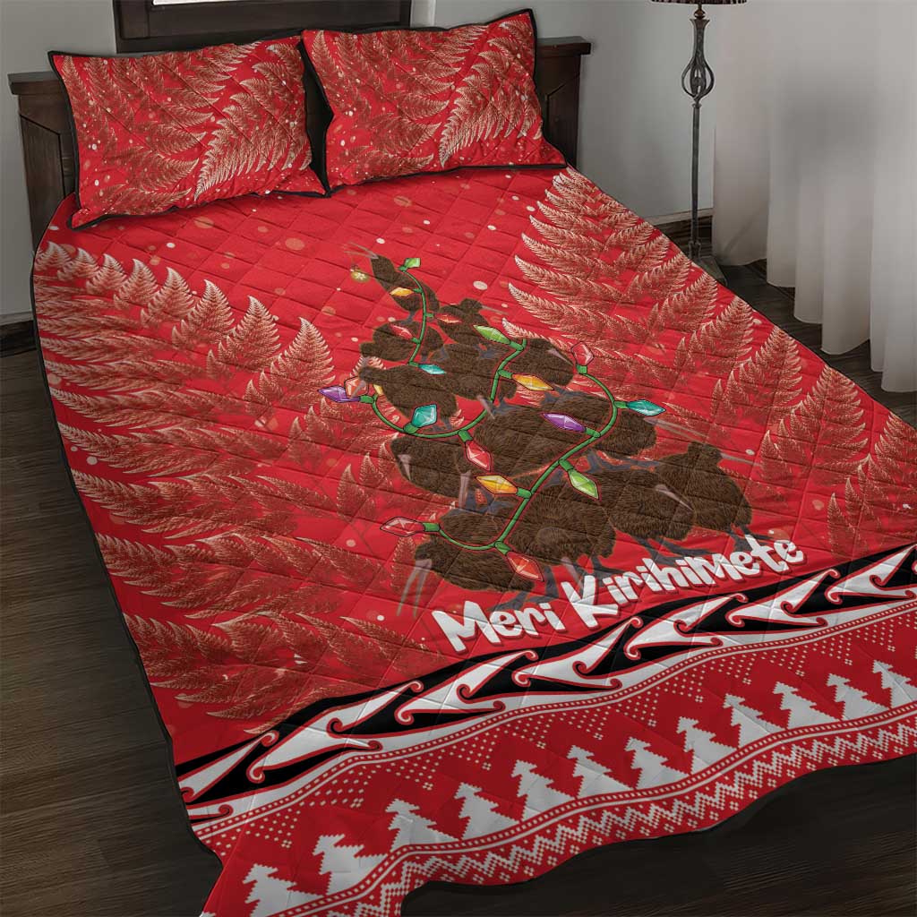 Kiwi New Zealand Christmas Quilt Bed Set Meri Kirihimete Silver Fern - Red Color - Vibe Hoodie Shop