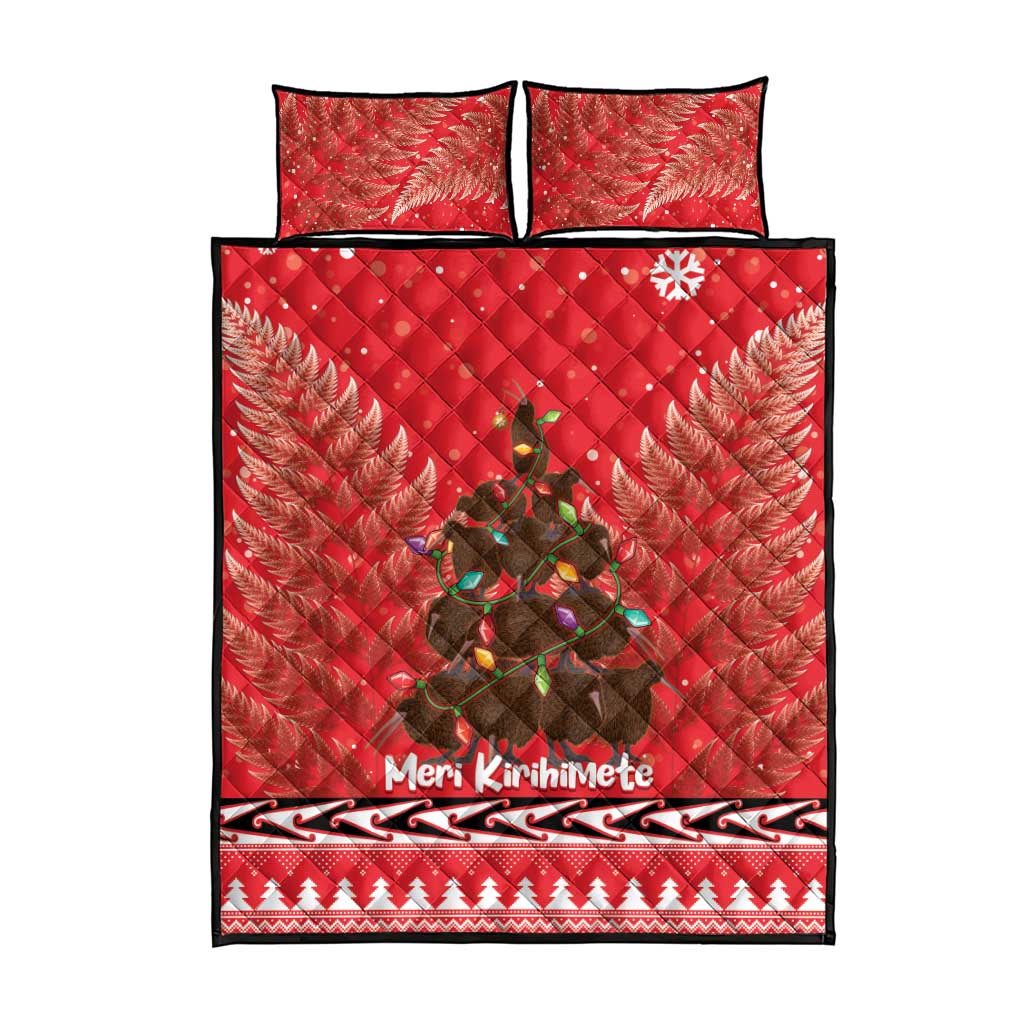 Kiwi New Zealand Christmas Quilt Bed Set Meri Kirihimete Silver Fern - Red Color - Vibe Hoodie Shop