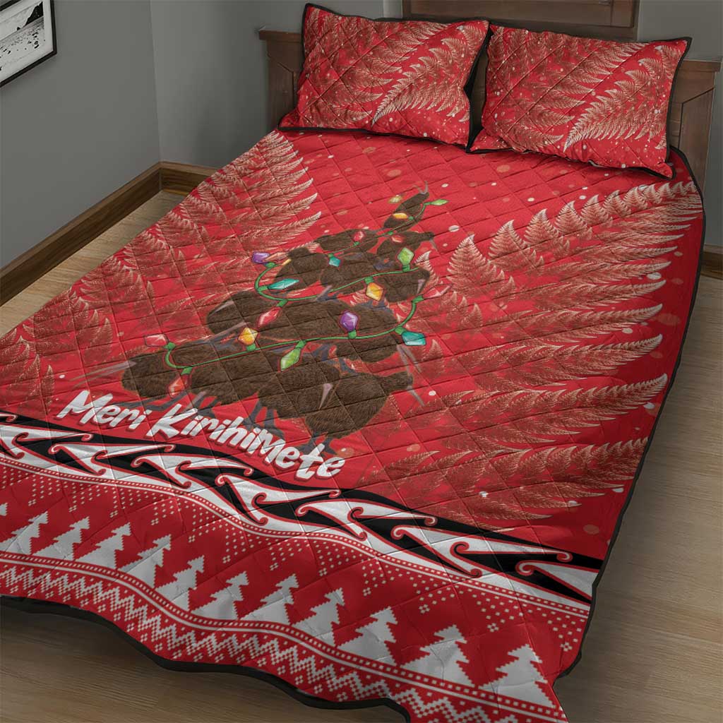 Kiwi New Zealand Christmas Quilt Bed Set Meri Kirihimete Silver Fern - Red Color - Vibe Hoodie Shop