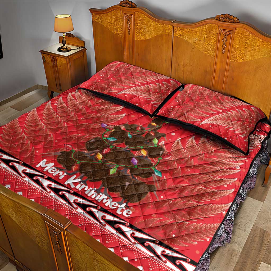 Kiwi New Zealand Christmas Quilt Bed Set Meri Kirihimete Silver Fern - Red Color - Vibe Hoodie Shop