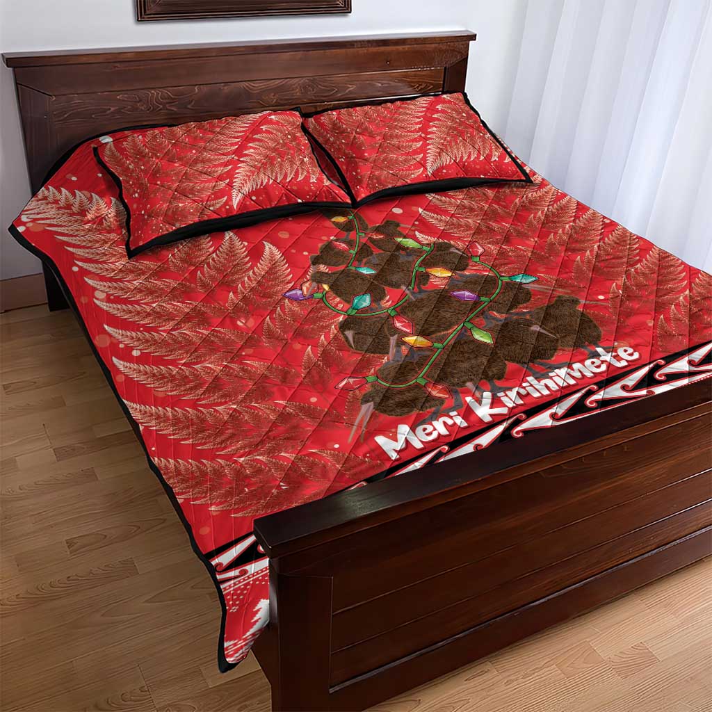 Kiwi New Zealand Christmas Quilt Bed Set Meri Kirihimete Silver Fern - Red Color - Vibe Hoodie Shop