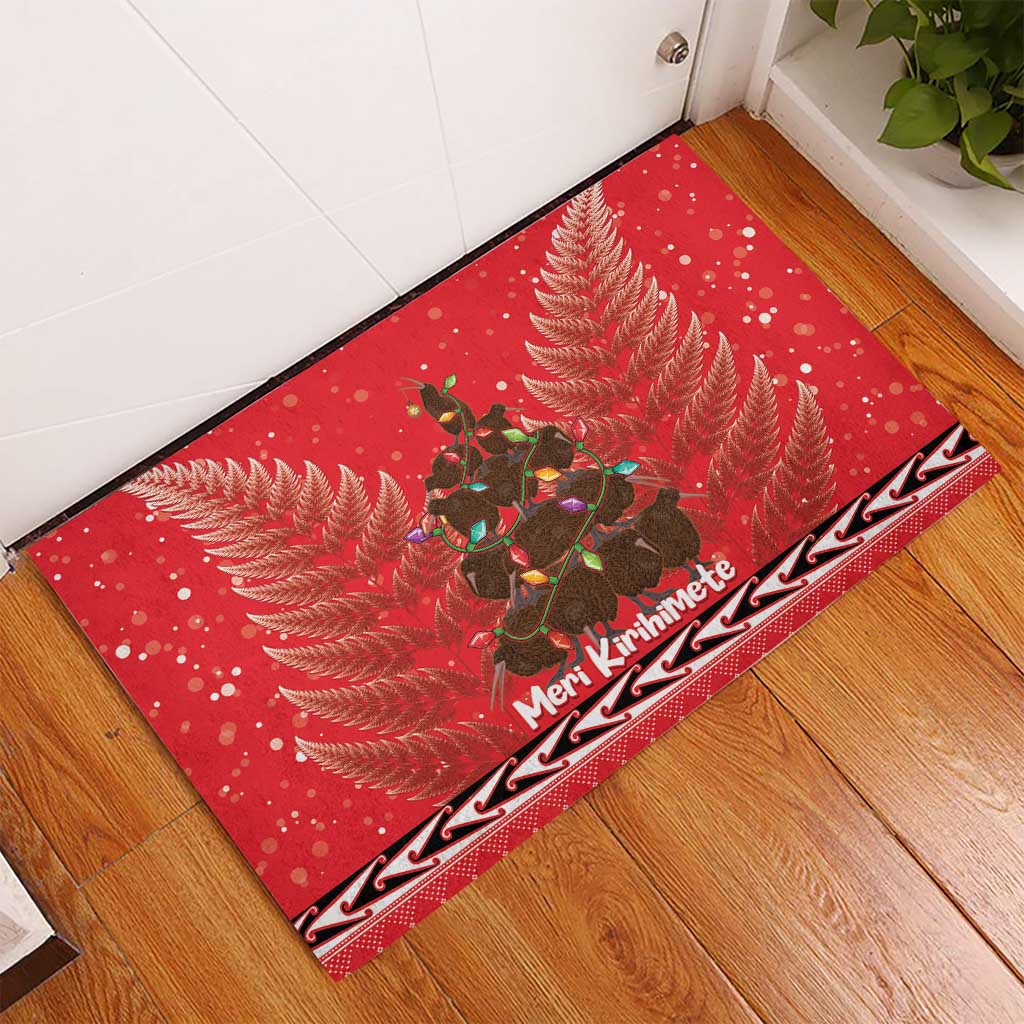 Kiwi New Zealand Christmas Rubber Doormat Meri Kirihimete Silver Fern - Red Color