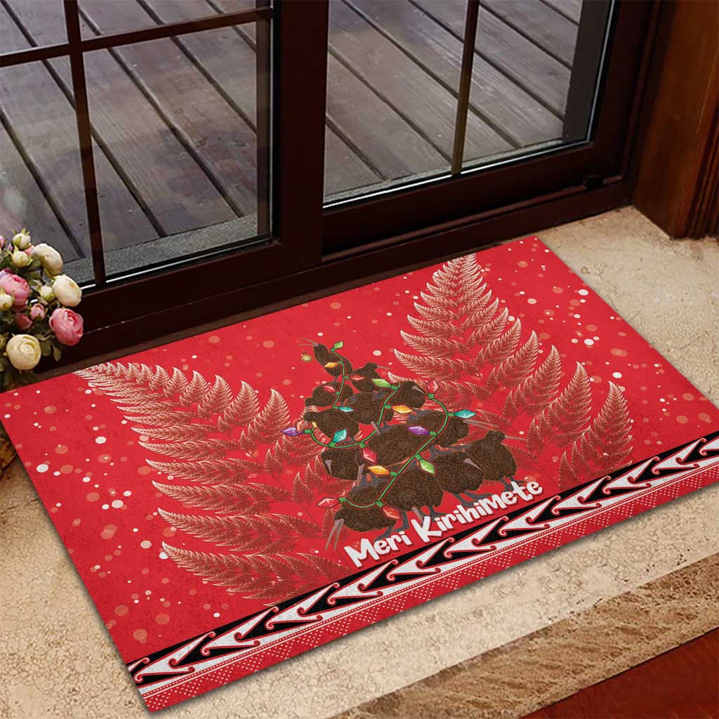 Kiwi New Zealand Christmas Rubber Doormat Meri Kirihimete Silver Fern - Red Color