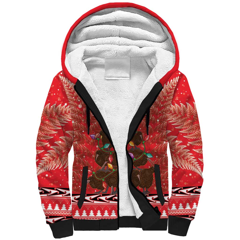 Kiwi New Zealand Christmas Sherpa Hoodie Meri Kirihimete Silver Fern - Red Color - Vibe Hoodie Shop