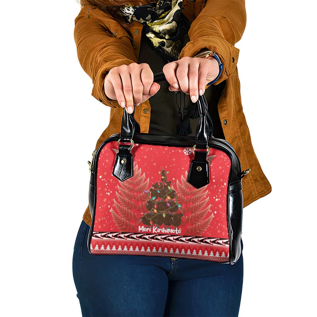 Kiwi New Zealand Christmas Shoulder Handbag Meri Kirihimete Silver Fern - Red Color - Vibe Hoodie Shop