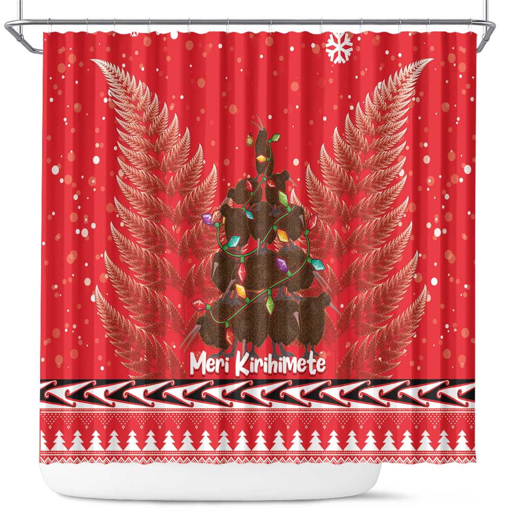 Kiwi New Zealand Christmas Shower Curtain Meri Kirihimete Silver Fern - Red Color