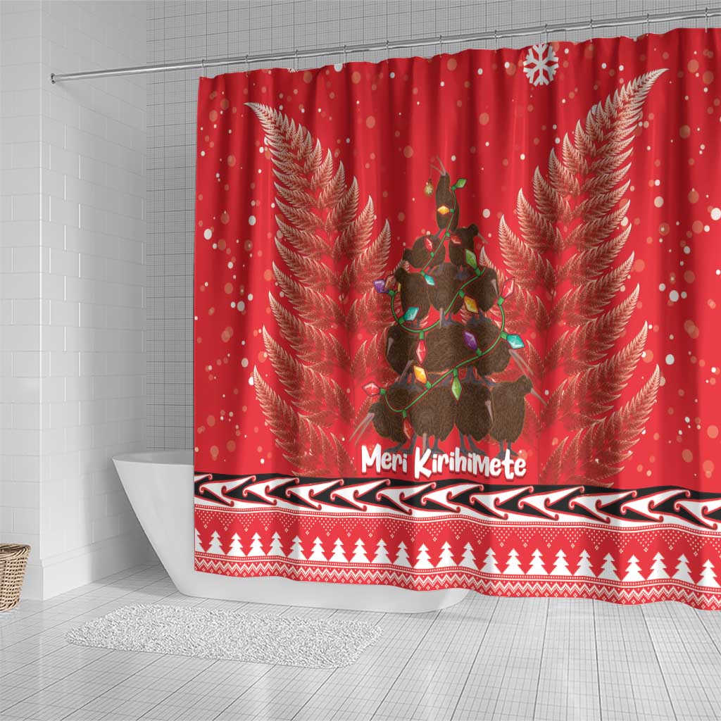 Kiwi New Zealand Christmas Shower Curtain Meri Kirihimete Silver Fern - Red Color