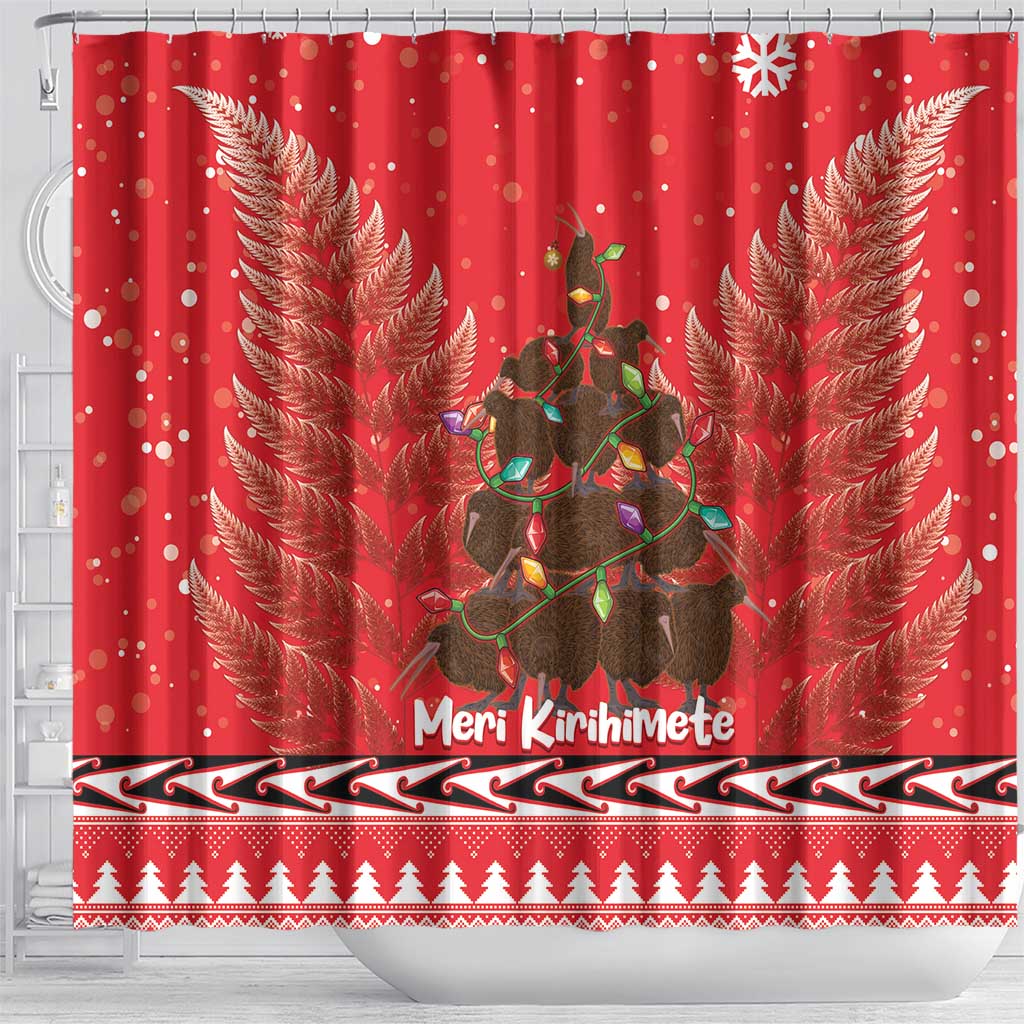 Kiwi New Zealand Christmas Shower Curtain Meri Kirihimete Silver Fern - Red Color