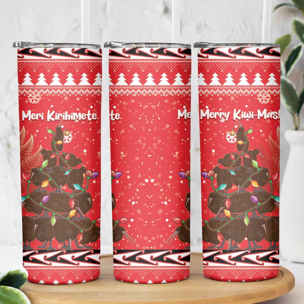 Kiwi New Zealand Christmas Skinny Tumbler Meri Kirihimete Silver Fern - Red Color