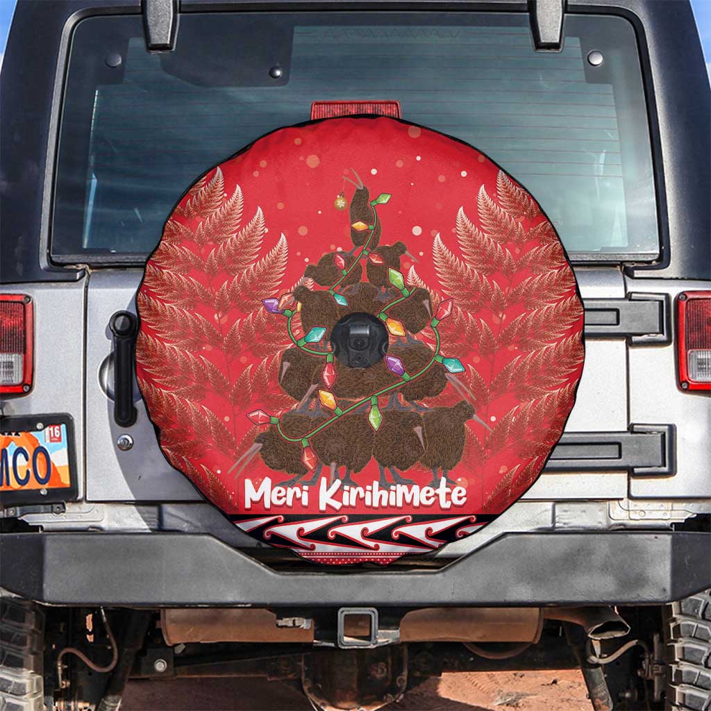 Kiwi New Zealand Christmas Spare Tire Cover Meri Kirihimete Silver Fern - Red Color - Vibe Hoodie Shop