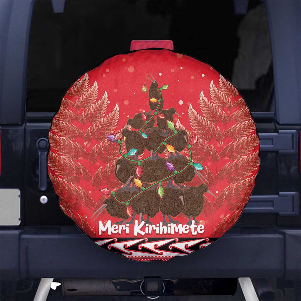 Kiwi New Zealand Christmas Spare Tire Cover Meri Kirihimete Silver Fern - Red Color - Vibe Hoodie Shop