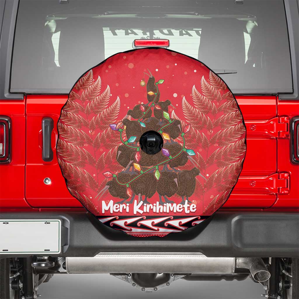 Kiwi New Zealand Christmas Spare Tire Cover Meri Kirihimete Silver Fern - Red Color - Vibe Hoodie Shop