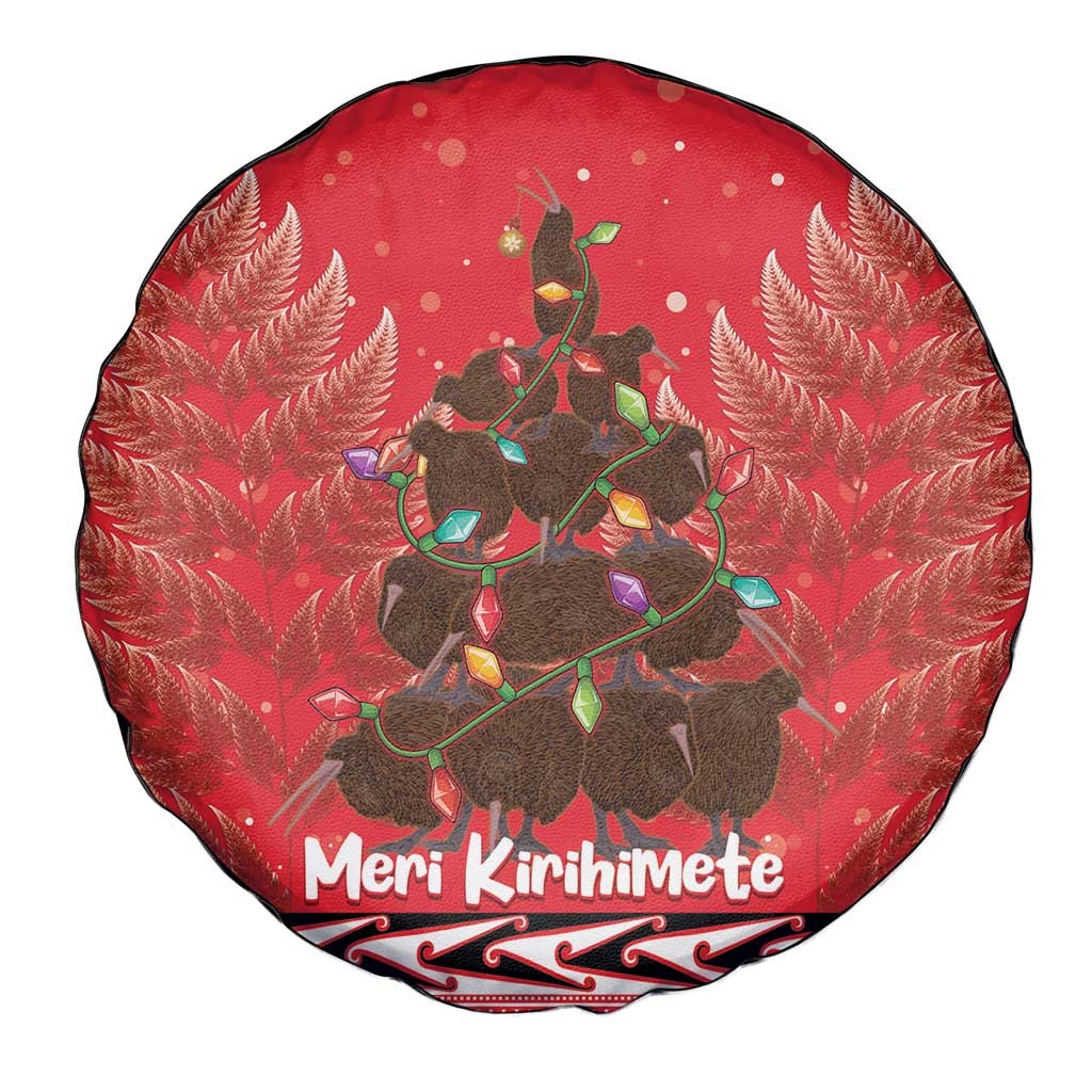 Kiwi New Zealand Christmas Spare Tire Cover Meri Kirihimete Silver Fern - Red Color - Vibe Hoodie Shop