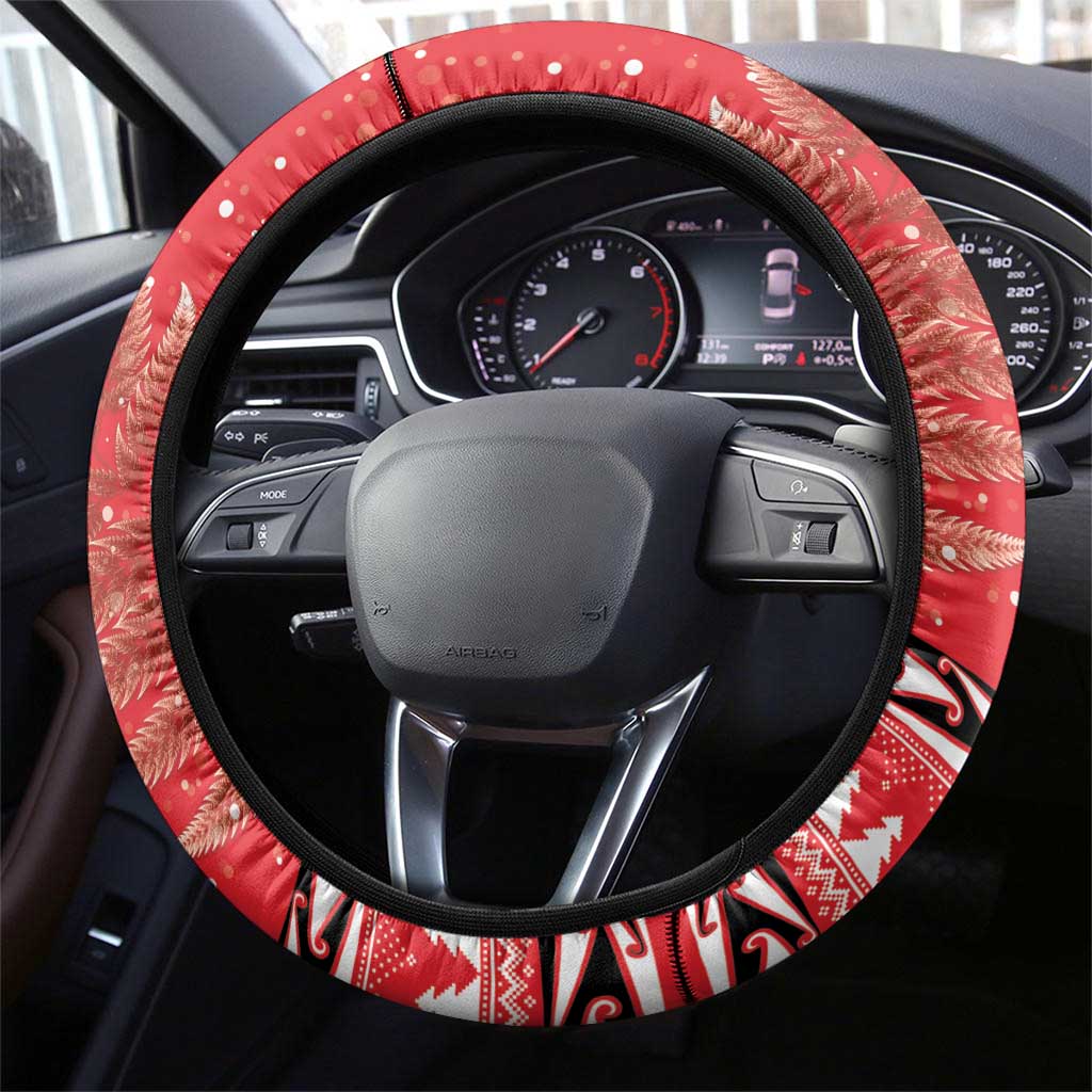 Kiwi New Zealand Christmas Steering Wheel Cover Meri Kirihimete Silver Fern - Red Color