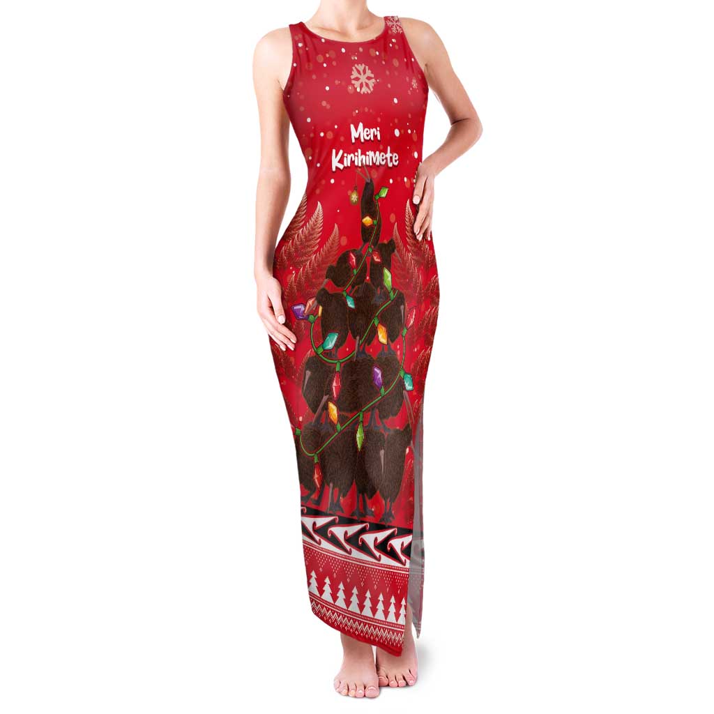 Kiwi New Zealand Christmas Tank Maxi Dress Meri Kirihimete Silver Fern - Red Color