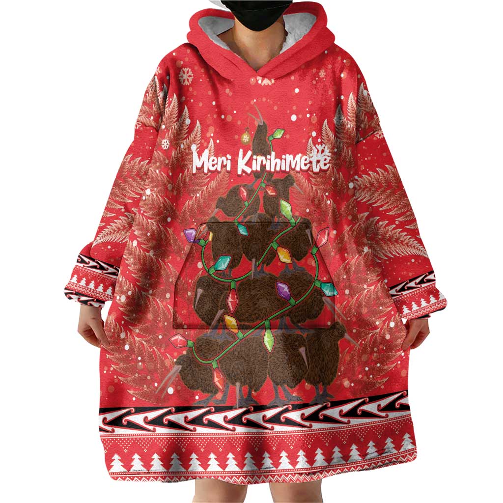 Kiwi New Zealand Christmas Wearable Blanket Hoodie Meri Kirihimete Silver Fern - Red Color - Vibe Hoodie Shop