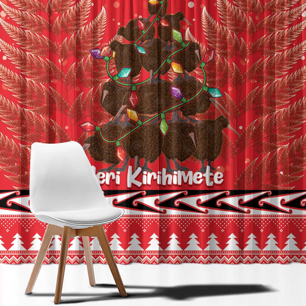 Kiwi New Zealand Christmas Window Curtain Meri Kirihimete Silver Fern - Red Color