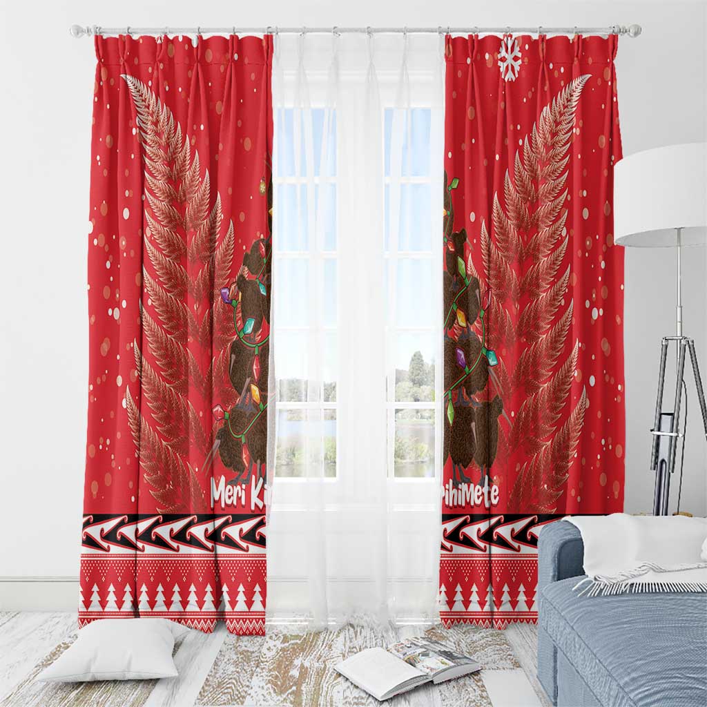 Kiwi New Zealand Christmas Window Curtain Meri Kirihimete Silver Fern - Red Color