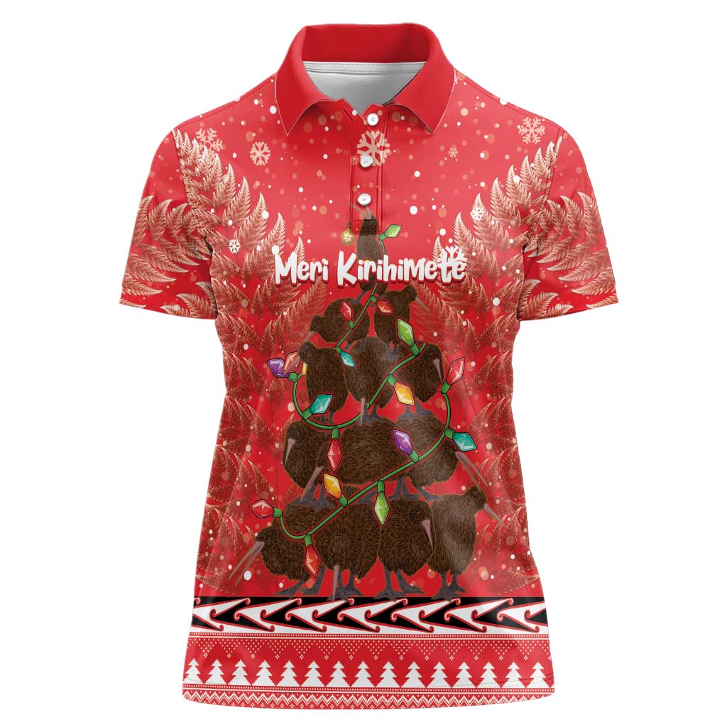 Kiwi New Zealand Christmas Women Polo Shirt Meri Kirihimete Silver Fern - Red Color - Vibe Hoodie Shop