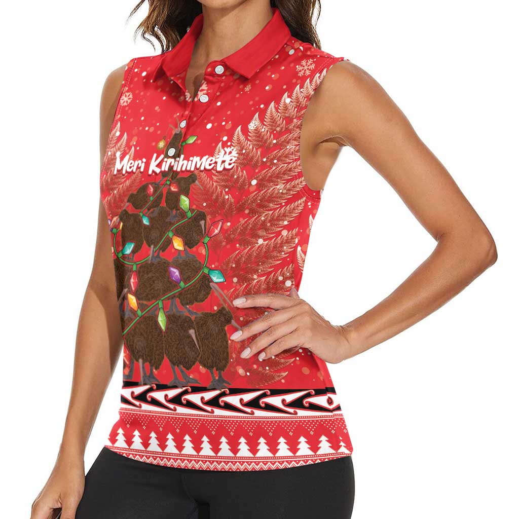 Kiwi New Zealand Christmas Women Sleeveless Polo Shirt Meri Kirihimete Silver Fern - Red Color