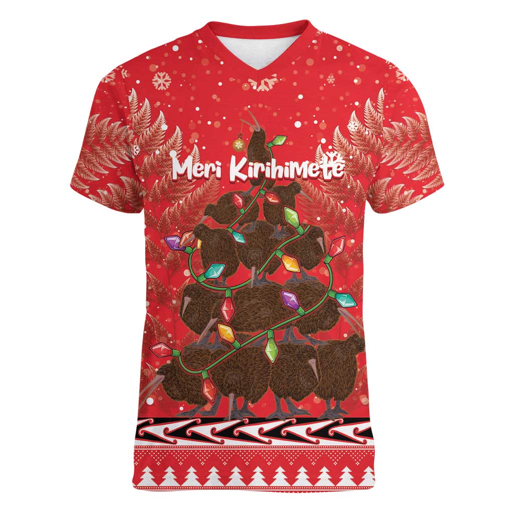 Kiwi New Zealand Christmas Women V-Neck T-Shirt Meri Kirihimete Silver Fern - Red Color - Vibe Hoodie Shop