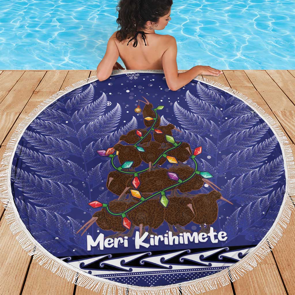 Kiwi New Zealand Christmas Beach Blanket Meri Kirihimete Silver Fern - Blue Color