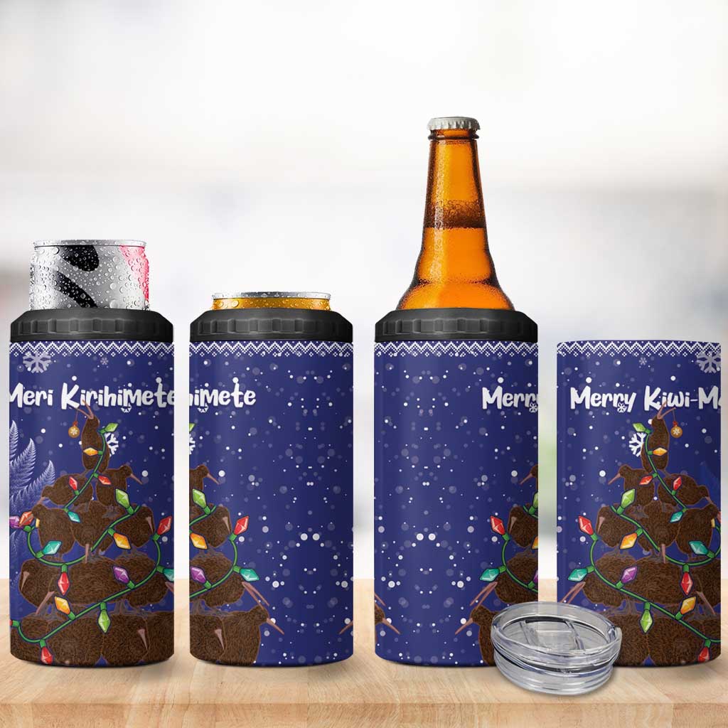 Kiwi New Zealand Christmas 4 in 1 Can Cooler Tumbler Meri Kirihimete Silver Fern - Blue Color