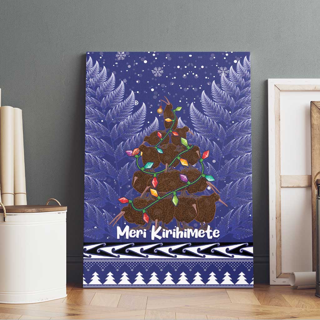 Kiwi New Zealand Christmas Canvas Wall Art Meri Kirihimete Silver Fern - Blue Color