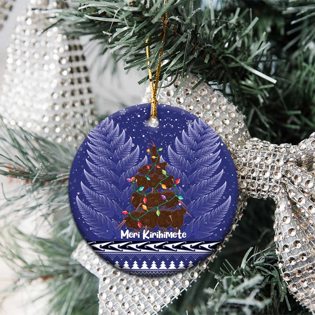 Kiwi New Zealand Christmas Ceramic Ornament Meri Kirihimete Silver Fern - Blue Color