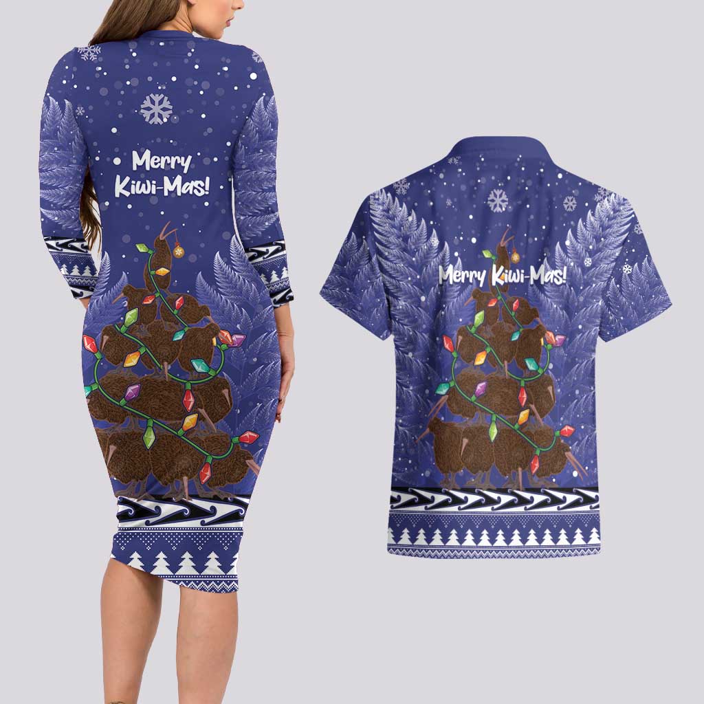 Kiwi New Zealand Christmas Couples Matching Long Sleeve Bodycon Dress and Hawaiian Shirt Meri Kirihimete Silver Fern - Blue Color