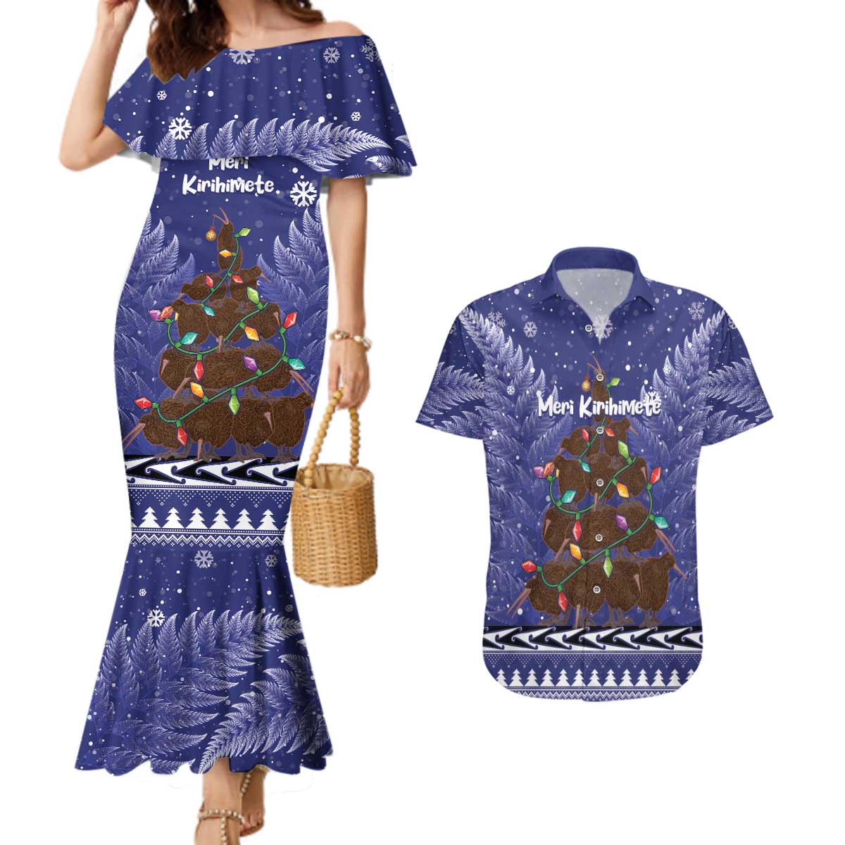 Kiwi New Zealand Christmas Couples Matching Mermaid Dress and Hawaiian Shirt Meri Kirihimete Silver Fern - Blue Color