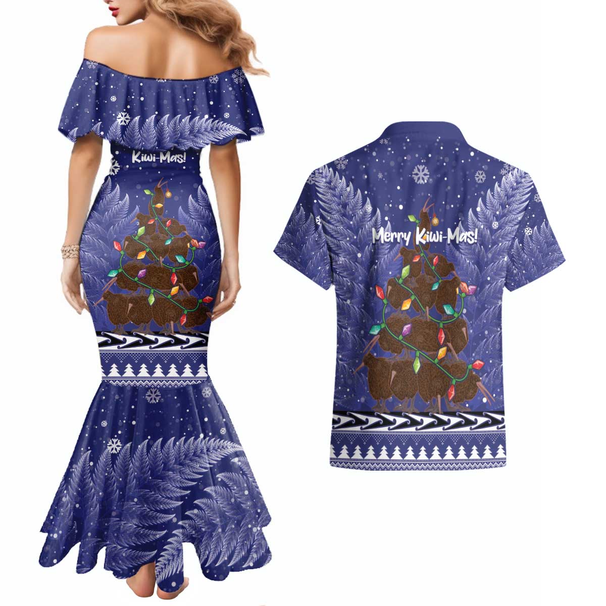 Kiwi New Zealand Christmas Couples Matching Mermaid Dress and Hawaiian Shirt Meri Kirihimete Silver Fern - Blue Color