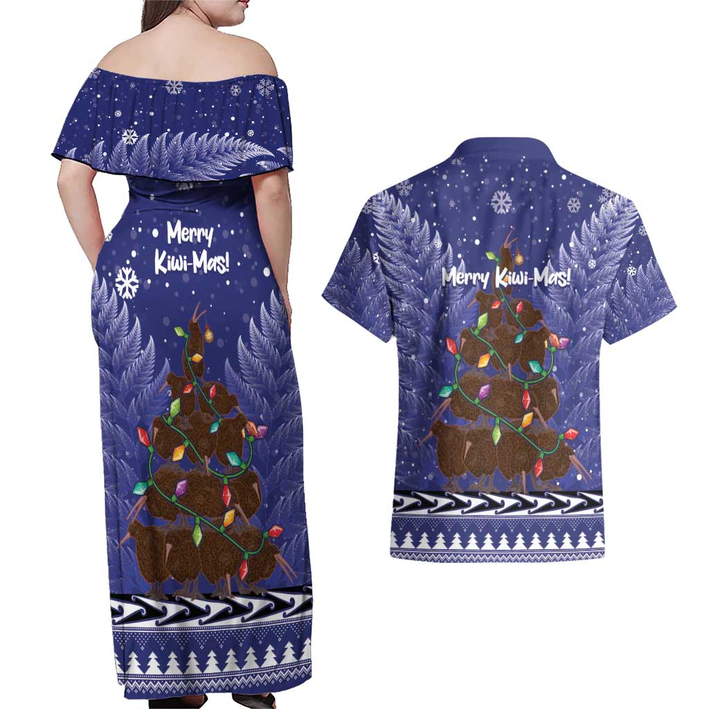 Kiwi New Zealand Christmas Couples Matching Off Shoulder Maxi Dress and Hawaiian Shirt Meri Kirihimete Silver Fern - Blue Color