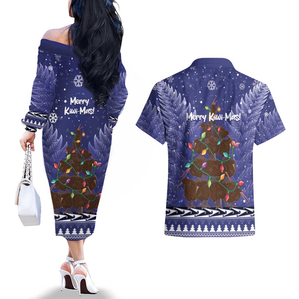 Kiwi New Zealand Christmas Couples Matching Off The Shoulder Long Sleeve Dress and Hawaiian Shirt Meri Kirihimete Silver Fern - Blue Color