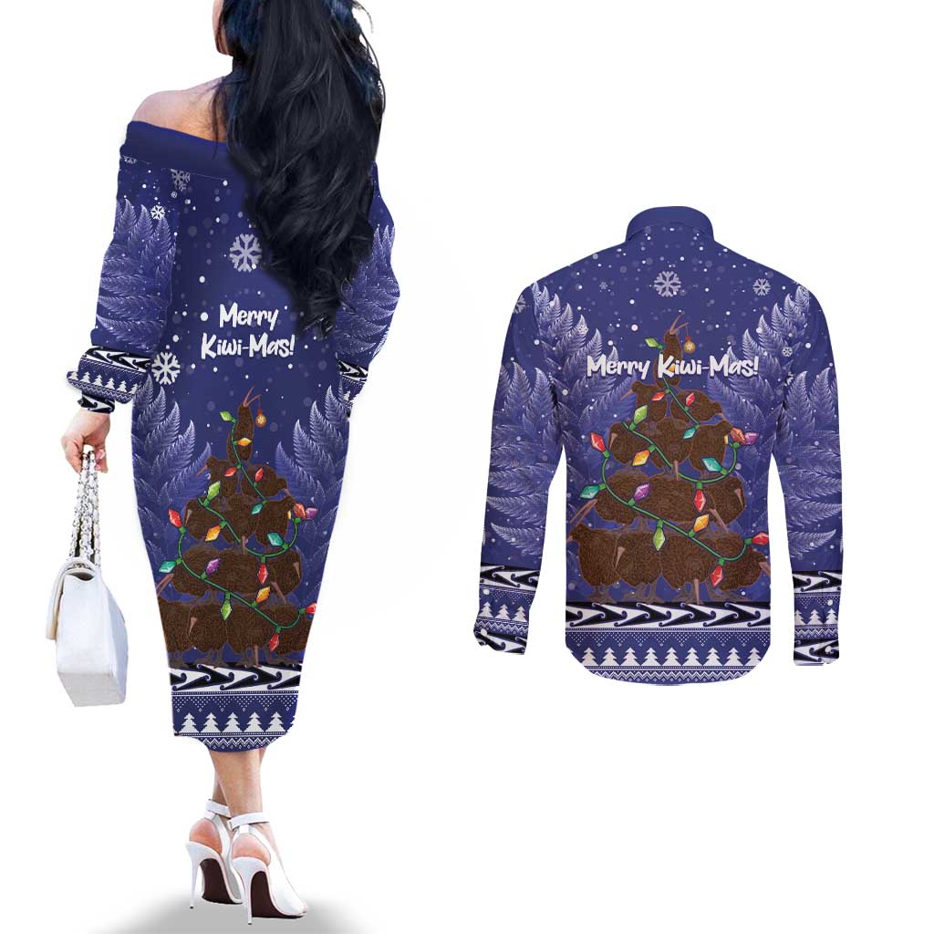 Kiwi New Zealand Christmas Couples Matching Off The Shoulder Long Sleeve Dress and Long Sleeve Button Shirt Meri Kirihimete Silver Fern - Blue Color