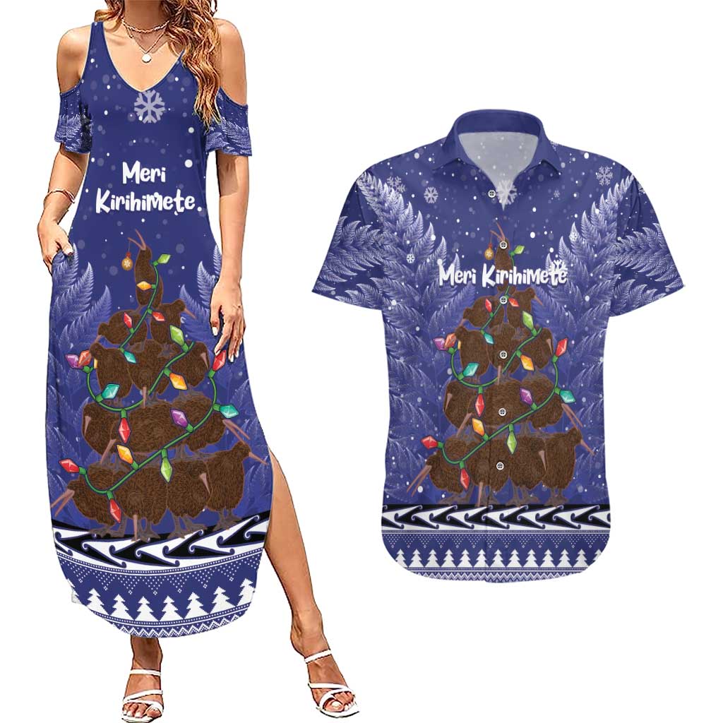 Kiwi New Zealand Christmas Couples Matching Summer Maxi Dress and Hawaiian Shirt Meri Kirihimete Silver Fern - Blue Color