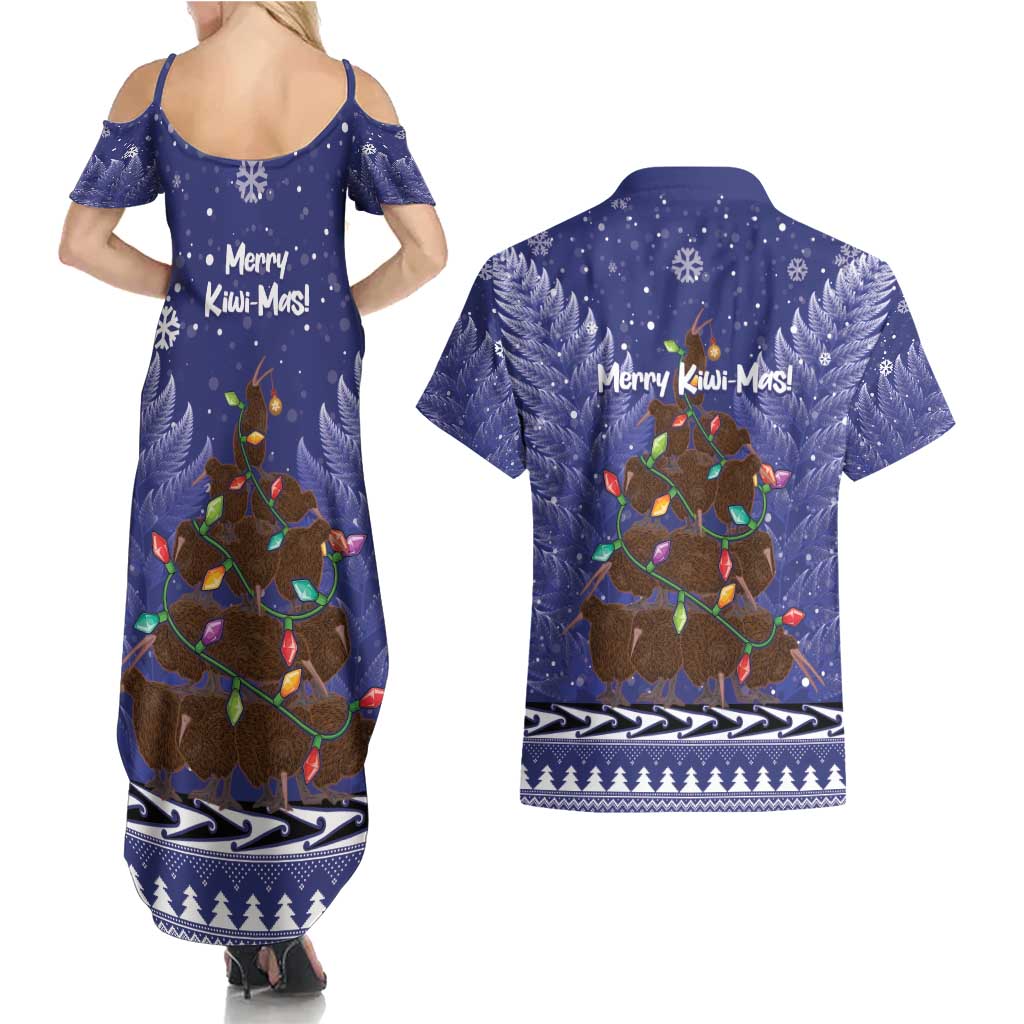 Kiwi New Zealand Christmas Couples Matching Summer Maxi Dress and Hawaiian Shirt Meri Kirihimete Silver Fern - Blue Color