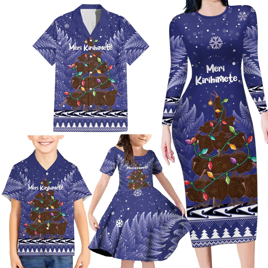 Kiwi New Zealand Christmas Family Matching Long Sleeve Bodycon Dress and Hawaiian Shirt Meri Kirihimete Silver Fern - Blue Color