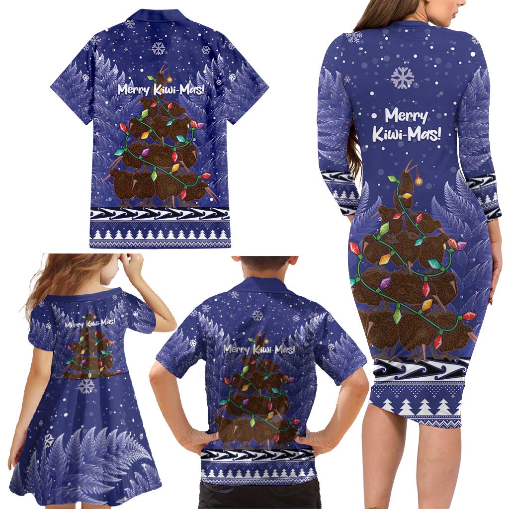 Kiwi New Zealand Christmas Family Matching Long Sleeve Bodycon Dress and Hawaiian Shirt Meri Kirihimete Silver Fern - Blue Color