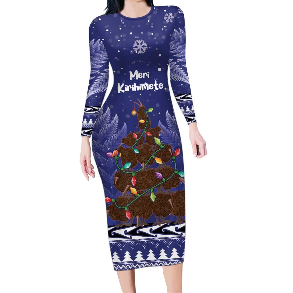 Kiwi New Zealand Christmas Family Matching Long Sleeve Bodycon Dress and Hawaiian Shirt Meri Kirihimete Silver Fern - Blue Color