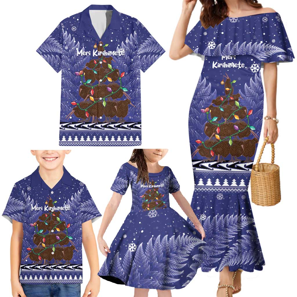 Kiwi New Zealand Christmas Family Matching Mermaid Dress and Hawaiian Shirt Meri Kirihimete Silver Fern - Blue Color