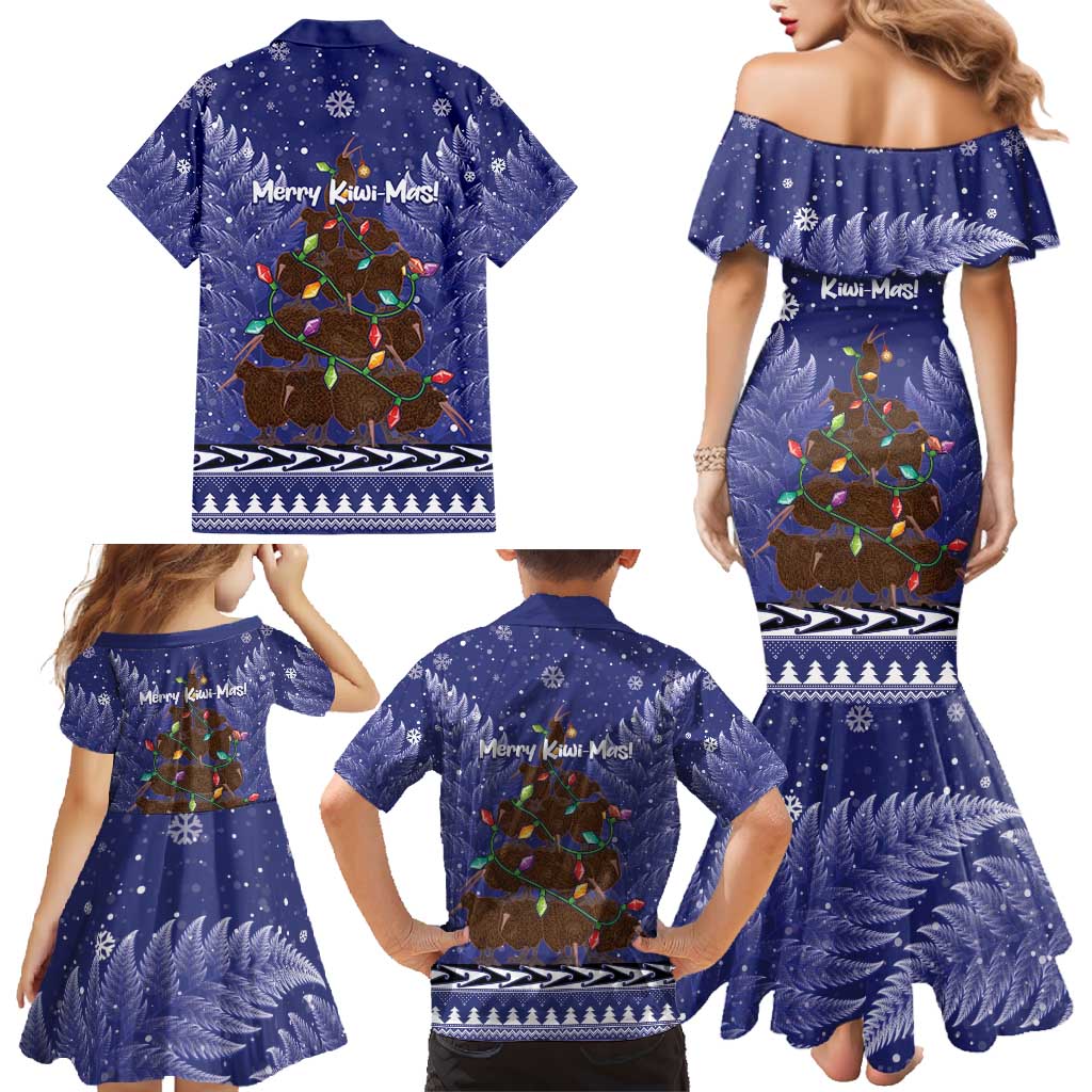 Kiwi New Zealand Christmas Family Matching Mermaid Dress and Hawaiian Shirt Meri Kirihimete Silver Fern - Blue Color