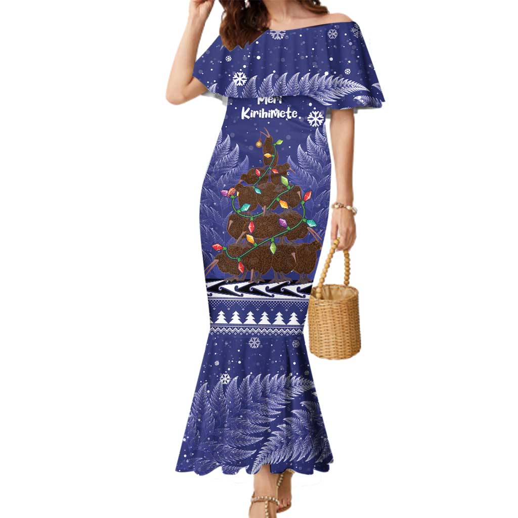 Kiwi New Zealand Christmas Family Matching Mermaid Dress and Hawaiian Shirt Meri Kirihimete Silver Fern - Blue Color