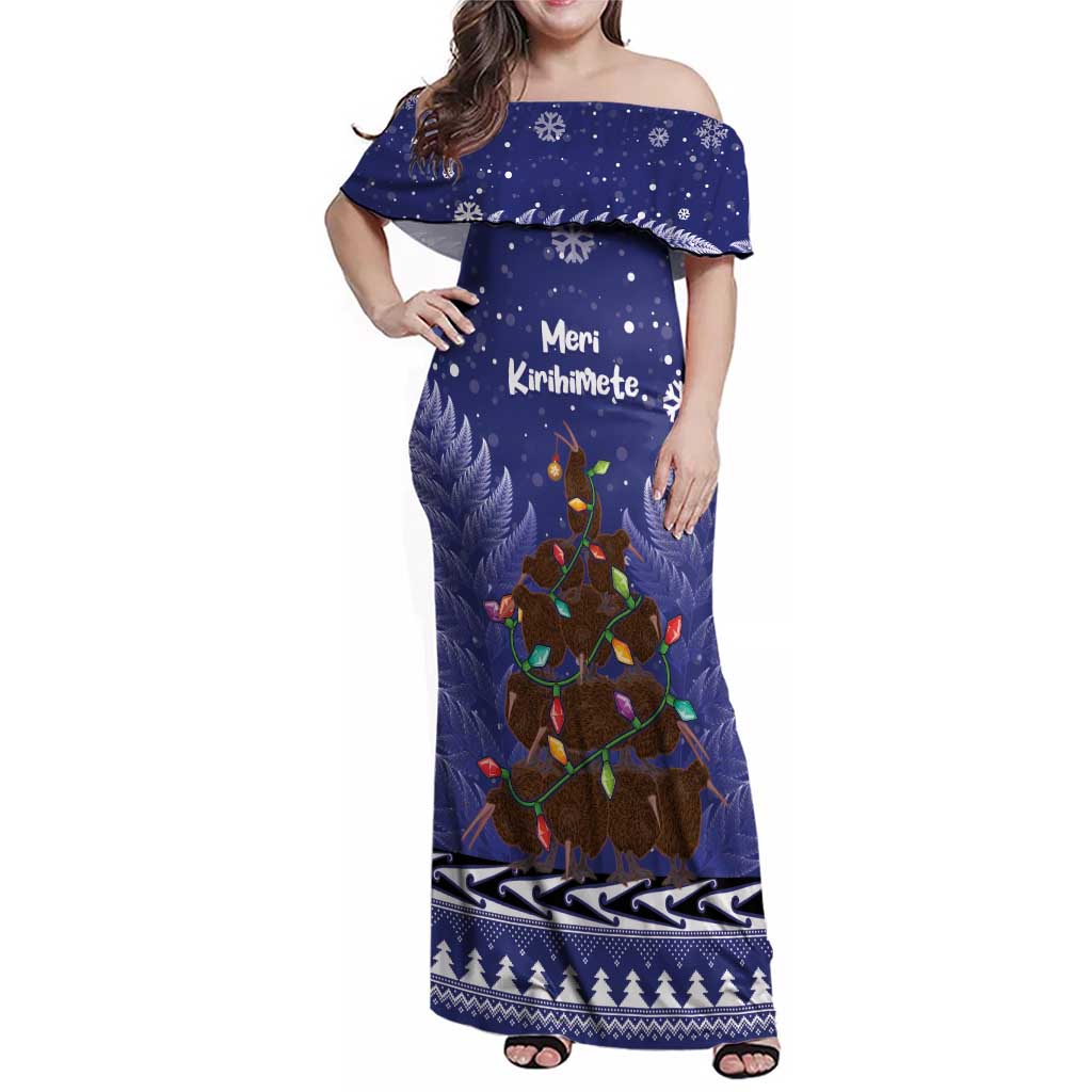 Kiwi New Zealand Christmas Family Matching Off Shoulder Maxi Dress and Hawaiian Shirt Meri Kirihimete Silver Fern - Blue Color